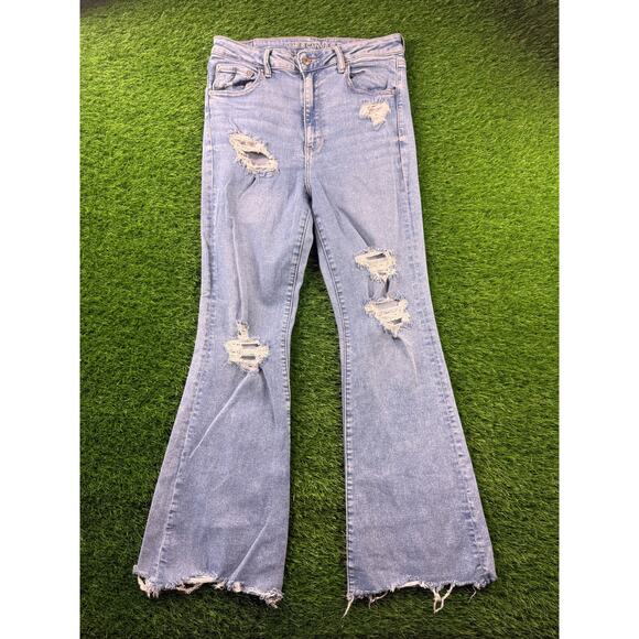 American Eagle Denim - AE Next Level Ripped Super High-Waist Flare Jeans Women's 12 Blue Denim Stretch